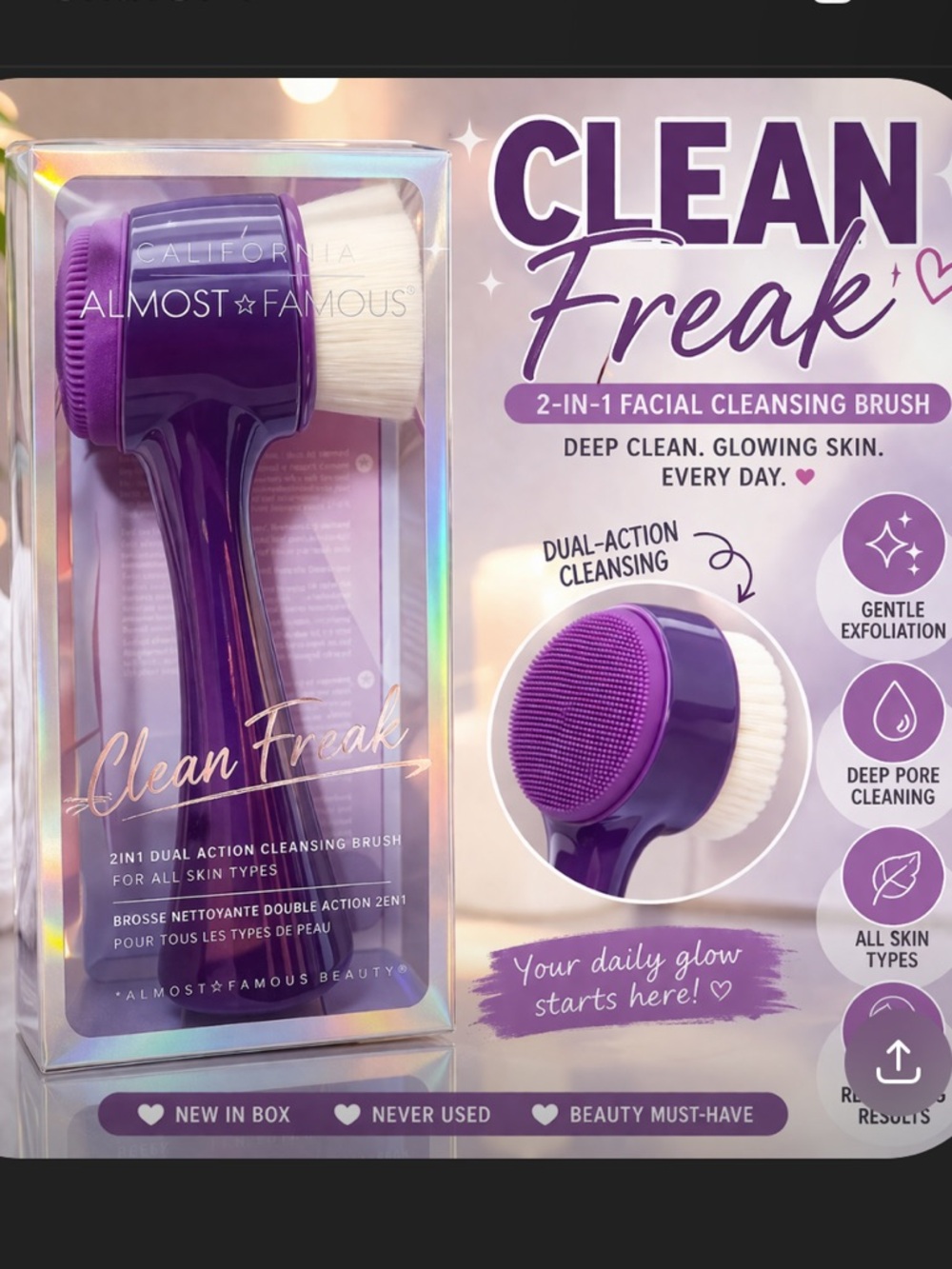 Almost Famous Dual-Action Facial Cleansing Brush – Purple